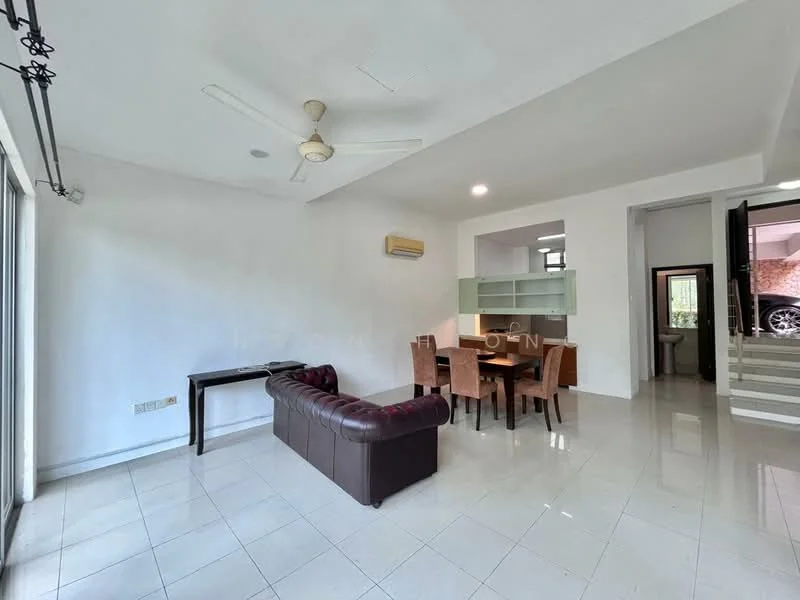 Living features: white painted walls, glossy tile flooring, 5-blade ceiling fan, large sliding glass door, floor-to-ceiling windows, brown leather sofa, wooden dining table with chairs, air conditioning unit; style: modern.