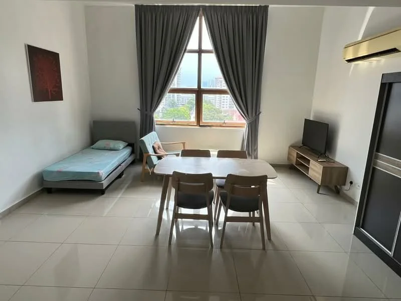 Living features: single bed with mattress, light blue bed linens, wooden dining table, 4 dining chairs, wall-mounted TV, wooden TV console, floor-to-ceiling window, grey curtains, air conditioning unit, glossy tile flooring, white painted walls; style: modern; view: city.