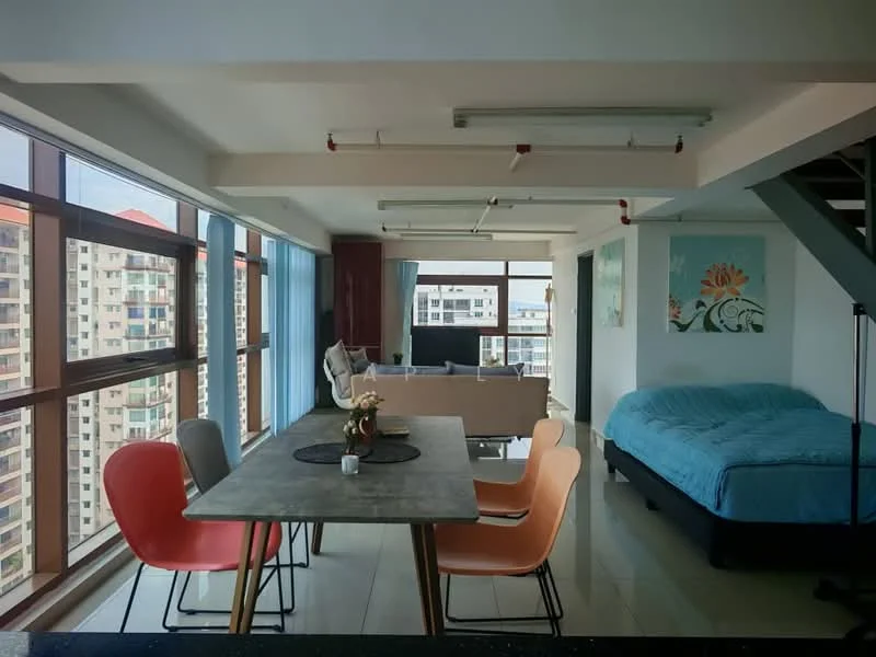 Living features: floor-to-ceiling windows, grey tiled flooring, sofa in light beige, dining table with grey top, 4 dining chairs in various colors, decorative wall art, recessed ceiling lights, open layout, blue bed with headboard, TV console, curtains, wall-mounted TV; style: modern; view: city.