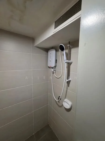 Bathroom features: shower head, handheld shower, water heater, wall-mounted shower rail, ceramic tile walls, ceramic tile flooring, white painted walls, exhaust vent; style: modern.