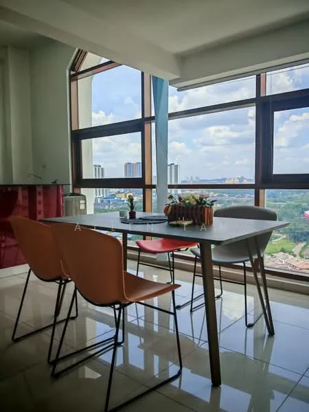 Dining features: dining table with grey surface, 4 dining chairs in orange and black, large floor-to-ceiling windows, city view through windows, white walls, tile flooring, decorative plants on table, natural light from windows; style: modern; view: city.