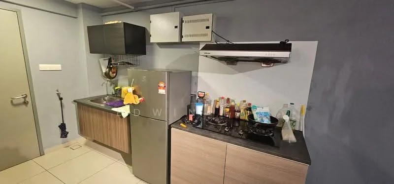 Kitchen features: grey painted walls, white ceiling, tile flooring, stainless-steel fridge, built-in kitchen cabinets with wood finish, purple countertop, gas stove with multiple burners, extraction hood, sink with faucet, various kitchen appliances and utensils on countertop; style: modern.