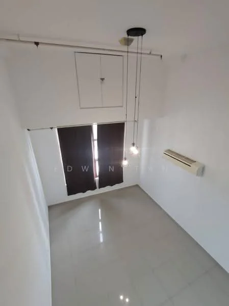 Room features: white painted walls, glossy tile flooring, 1 wall-mounted split AC, 2 pendant lights, blackout curtains, ceiling with exposed piping, high ceiling, window with natural light; style: modern.