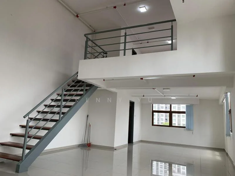 Room features: open layout, white painted walls, polished tile flooring, staircase with wooden steps, metal railing, large windows, ceiling lights, high ceiling; style: modern; view: city.