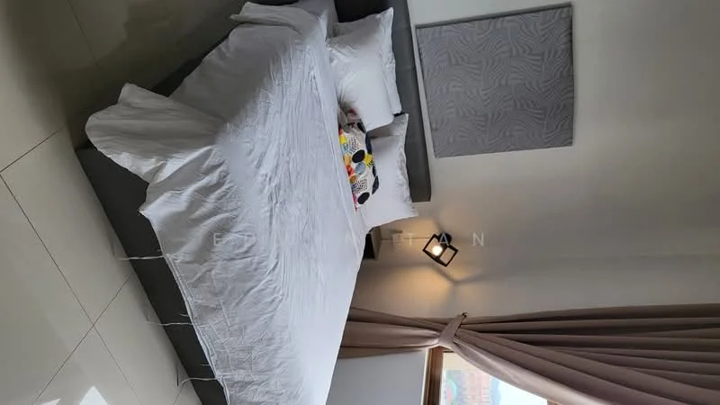 Bedroom features: king-size bed with white bedding, upholstered grey headboard, decorative throw pillows, floor-to-ceiling window with sheer curtains, wall-mounted light fixture, light-coloured walls, glossy tile flooring, textured wall panel; style: modern.