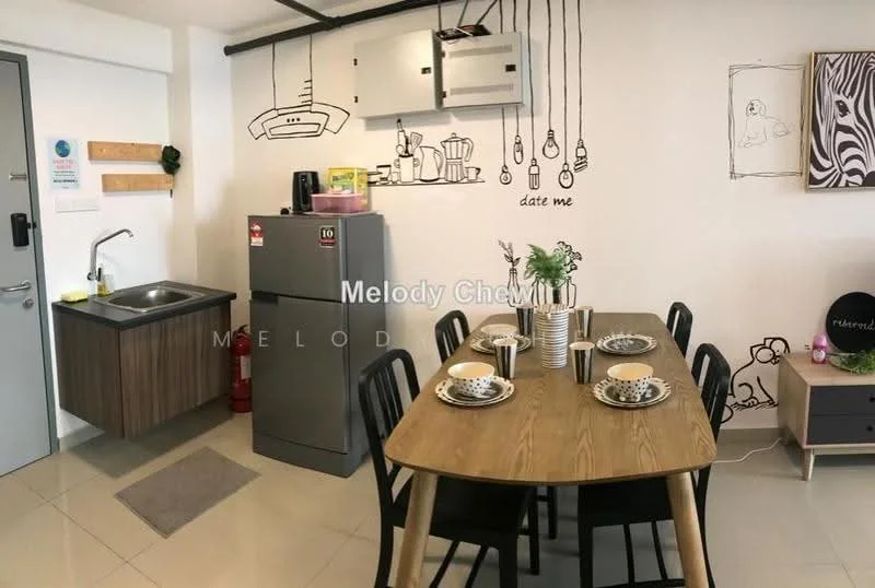 Kitchen features: single-bowl stainless-steel sink, chrome pull-down faucet, grey cabinetry, built-in kitchen cabinets, stainless-steel fridge, 4-burner gas hob, exposed ductwork, recessed downlights, dining table with 6 chairs, decorative wall art, ceramic tile flooring, air conditioning unit; style: modern.