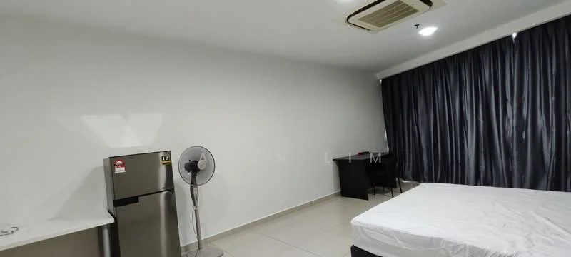 Room features: white painted walls, tile flooring, ceiling-mounted air conditioning unit, desk with chair, fridge, blackout curtains, bed with mattress, ceiling light, standing fan; style: modern.
