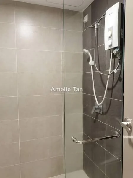 Bathroom features: glass shower enclosure, wall-mounted shower head, handheld shower, chrome shower mixer, tiled walls in light grey, tiled walls in dark grey, grab bar, water heater, non-slip flooring; style: modern.