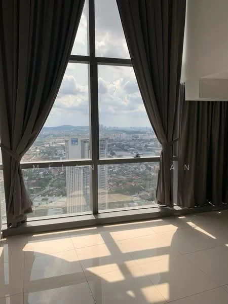Room features: floor-to-ceiling windows, grey curtains, city view, polished tile flooring, natural light, high ceiling; style: modern; view: city.