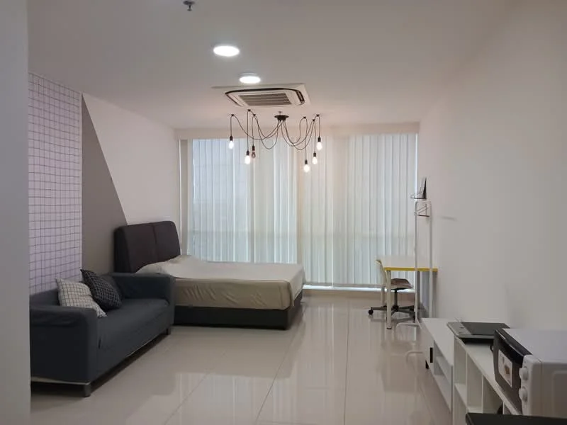 Room features: queen-size bed, upholstered headboard, grey fabric sofa, coffee table, study desk with yellow tabletop, chair, floor-to-ceiling windows, sheer vertical blinds, recessed downlights, ceiling-mounted air conditioning unit, white painted walls, glossy tile flooring; style: modern; view: city.