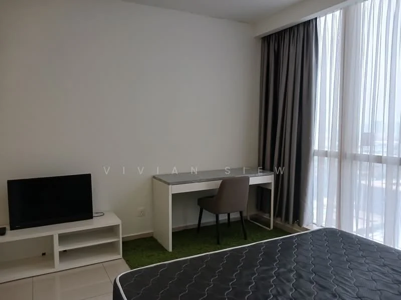Bedroom features: queen-size bed, upholstered headboard, bedside table, TV console, wall-mounted TV, desk with chair, floor-to-ceiling windows, sheer curtains, green carpet, white painted walls, tile flooring; style: modern; view: city.
