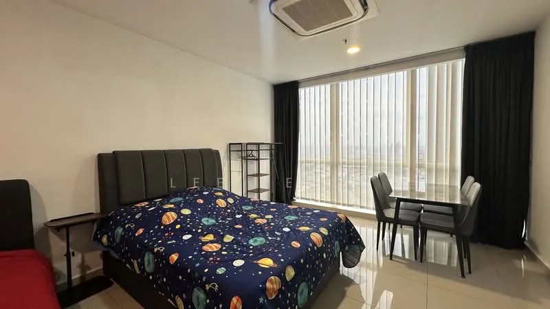 Bedroom features: king-size bed with upholstered headboard, bedding with space theme, floor-to-ceiling windows, blackout curtains, air conditioning unit, tile flooring, small dining table with chairs, open shelving unit; style: modern; view: city.