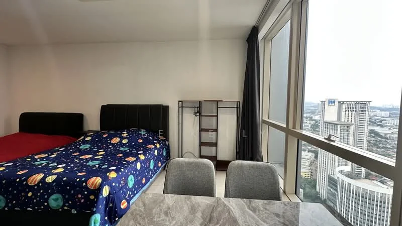 Bedroom features: two beds with black upholstered headboards, bedspread with space-themed pattern, grey dining table with marble top, two grey upholstered dining chairs, floor-to-ceiling windows, curtains, city view, tile flooring, wall-mounted shelving unit; style: modern; view: city.