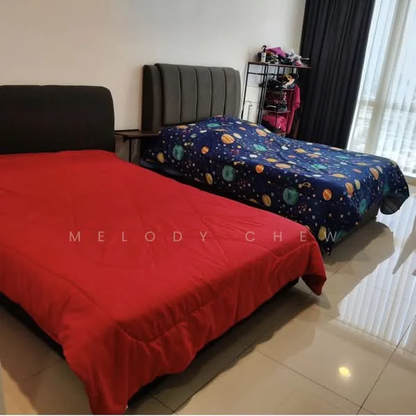 Bedroom features: two beds, red bedspread on one bed, blue bedspread with space pattern on the other bed, upholstered headboard on one bed, floor-to-ceiling windows, curtains, glossy tile flooring, clothes rack, decorative items on the rack.
