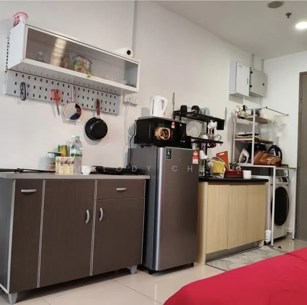 Kitchen features: grey cabinetry with two doors, stainless-steel fridge, built-in microwave, coffee machine, kettle, dish rack, open shelving, ceramic tile flooring, white walls, wall-mounted AC unit, washing machine, countertop with sink, stainless-steel sink, kitchen utensils on rack; style: modern.