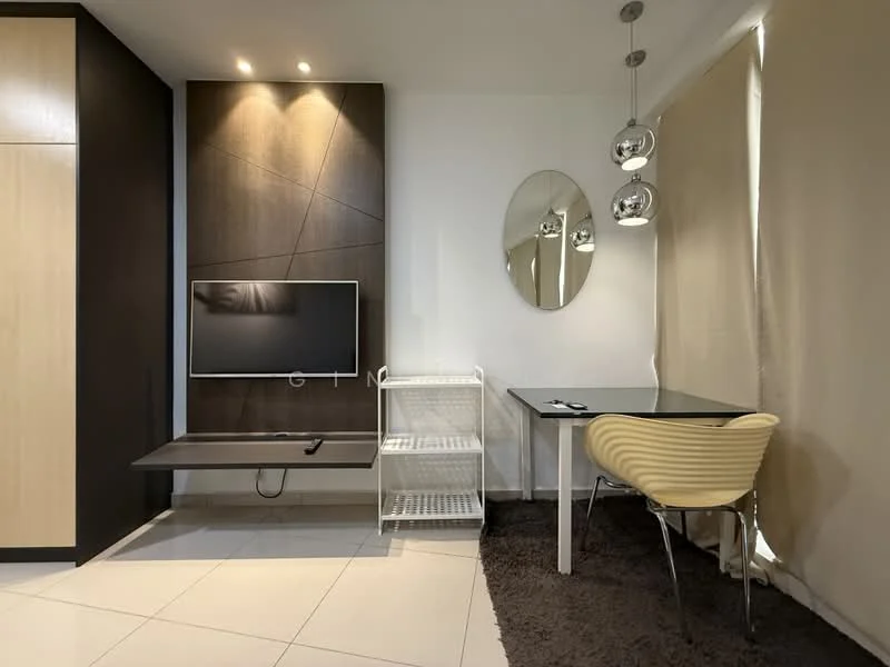 Living features: flat-screen TV mounted on wall, black wall-mounted TV console, light wood cabinetry, dark accent wall with geometric design, round mirror, glass dining table, yellow upholstered dining chair, white metal shelving unit, brown area rug, recessed downlights, pendant lighting; style: modern.