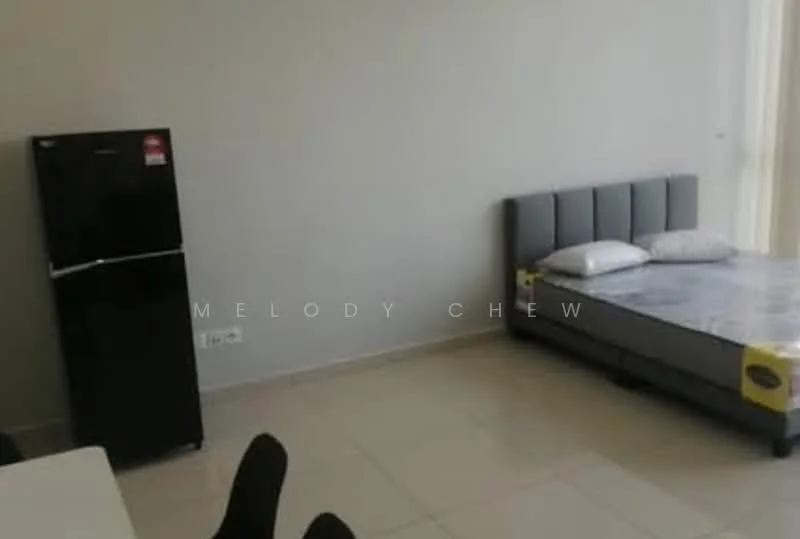 Room features: queen-size bed, upholstered headboard, 2 pillows, black fridge, white walls, tile flooring, large window with natural light, dining table with 4 black chairs; style: modern.