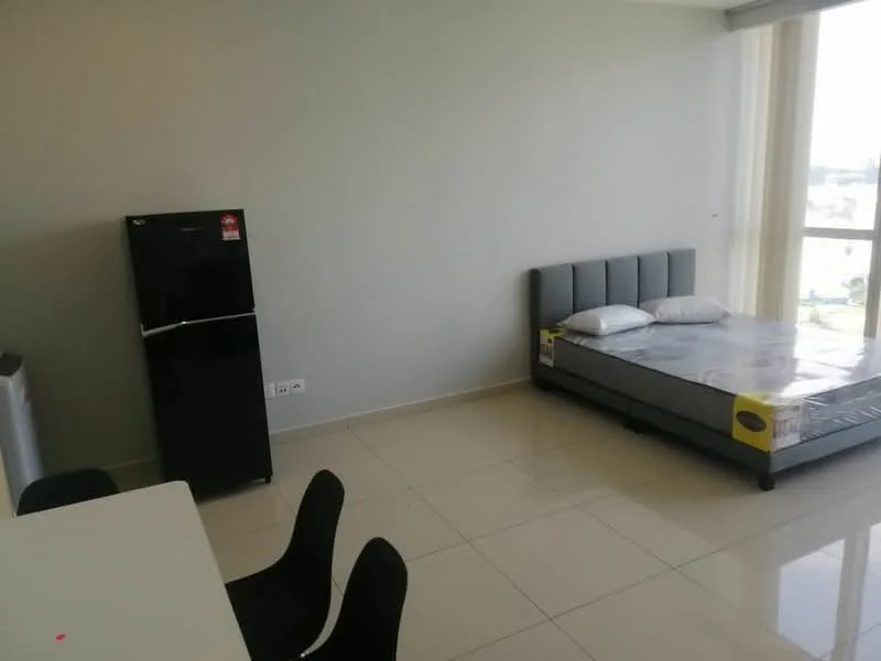 Room features: queen-size bed, upholstered headboard, 2 pillows, black fridge, white dining table, 4 black dining chairs, tile flooring, large window with natural light, grey painted walls; style: modern; view: city.