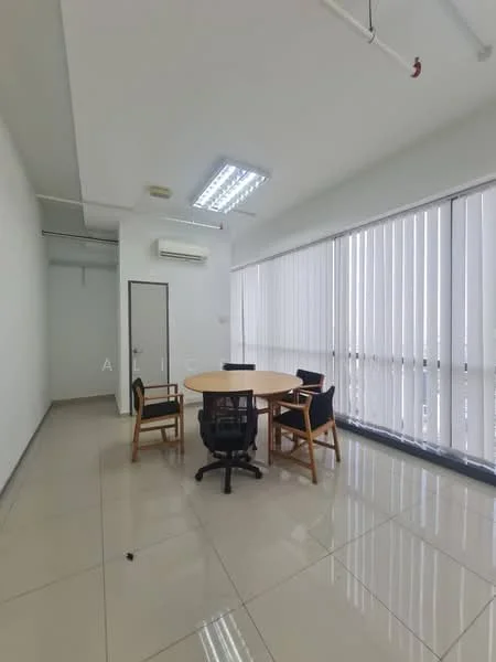Room features: white painted walls, glossy tile flooring, ceiling lights, vertical blinds on windows, round wooden table, 4 wooden chairs, 1 office chair, air conditioning unit, door to another room; style: modern.