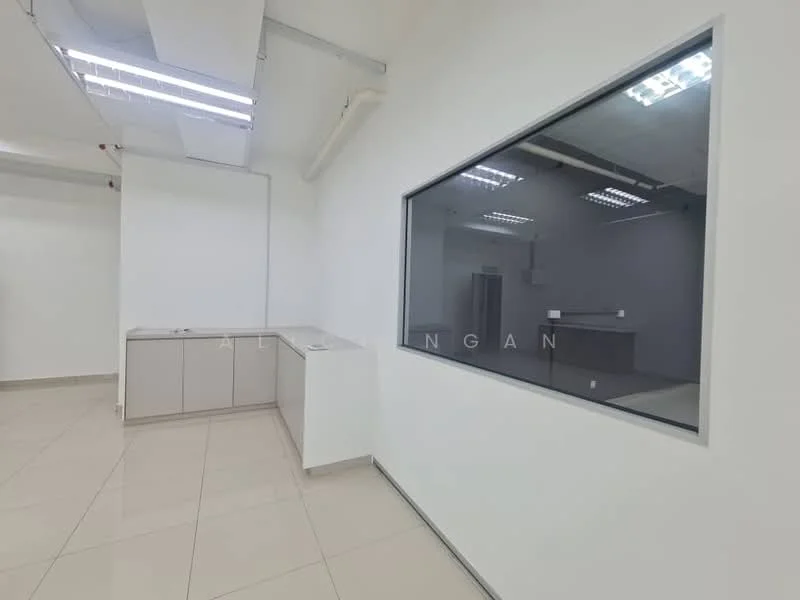 Room features: white painted walls, glossy tile flooring, built-in cabinetry, large window with glass, ceiling lights, open layout, neutral color scheme, no visible appliances; style: modern.