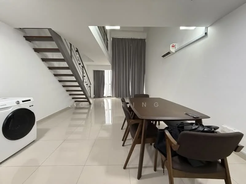 Dining features: dining table with four chairs, white tiled flooring, grey curtains, wall-mounted air conditioning unit, stainless-steel washing machine, open staircase, large windows allowing natural light, neutral painted walls; style: modern.