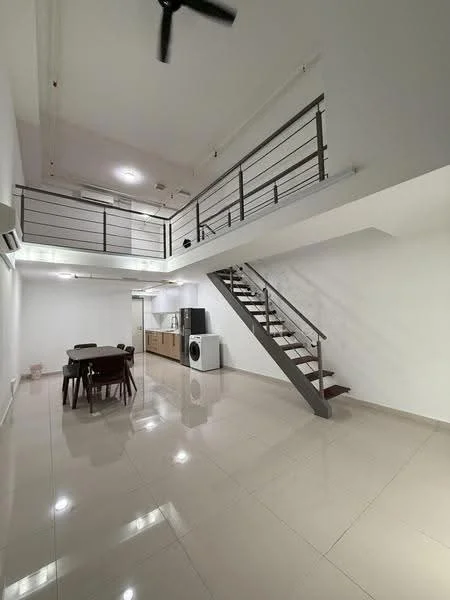 Living features: white painted walls, polished ceramic tile flooring, 5-blade ceiling fan, wall-mounted split AC, dining table with four chairs, stainless-steel refrigerator, built-in kitchen cabinets, washing machine, staircase with metal railing; style: modern.