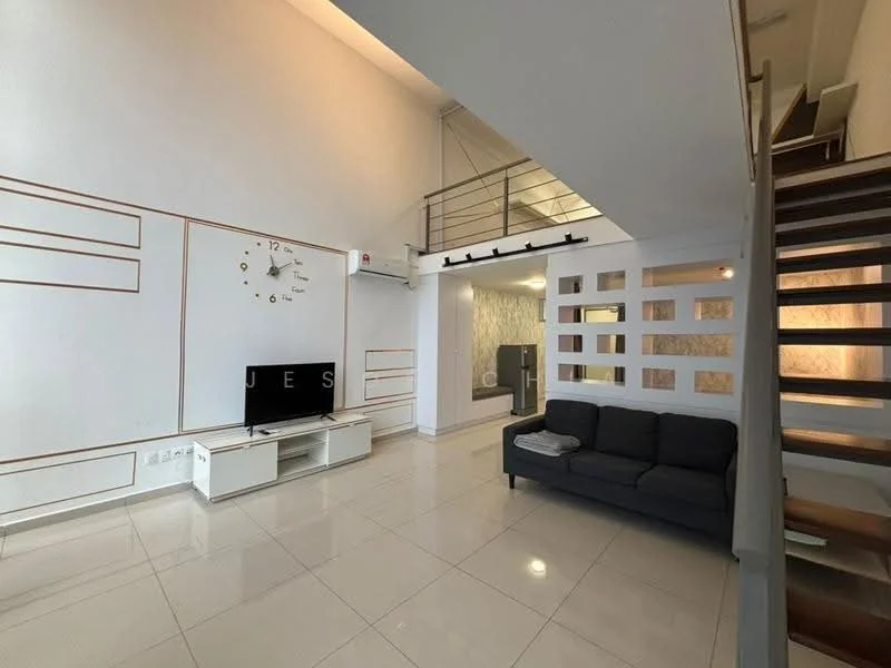 Living features: white painted walls, high ceiling, large windows, tile flooring, sofa in dark grey, TV console, wall-mounted TV, decorative wall with geometric patterns, clock on wall, staircase with wooden steps, open space layout; style: modern.