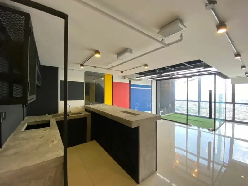 Kitchen features: concrete countertop, black cabinetry, single-bowl stainless-steel sink, chrome pull-down faucet, open shelving, pendant lighting, floor-to-ceiling windows, polished tile flooring, exposed ductwork, grey accent wall, colorful wall panels in red and blue; style: modern; view: city.