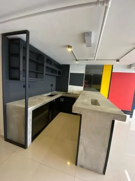 Kitchen features: concrete countertop, single-bowl stainless-steel sink, black cabinetry, open shelving, tile flooring, recessed downlights, grey accent wall, black accent wall, yellow accent wall, modern bar seating area; style: modern.