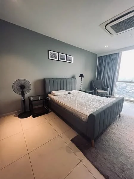 Bedroom features: grey painted walls, tile flooring, queen-size bed, upholstered headboard, bedside lamp, armchair, floor fan, curtains, area rug; style: modern; view: city.