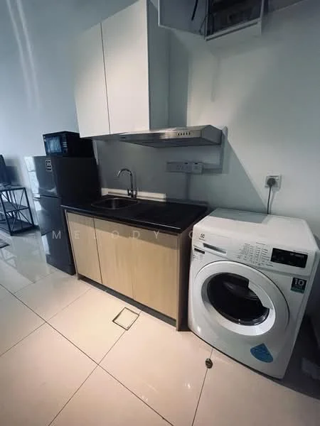Laundry features: black countertop, light wood cabinetry, stainless-steel sink, chrome faucet, front-load washing machine, black refrigerator, tile flooring, white walls, exhaust fan; style: modern.