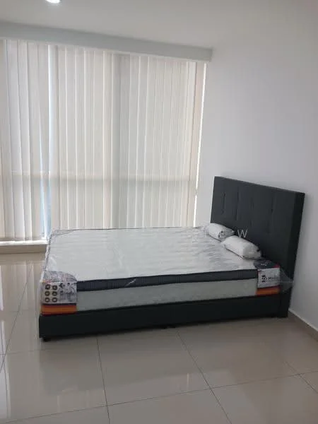 Bedroom features: queen-size bed, upholstered headboard, two pillows, white walls, blinds on windows, tile flooring, natural light from window, minimalist decor; style: modern.