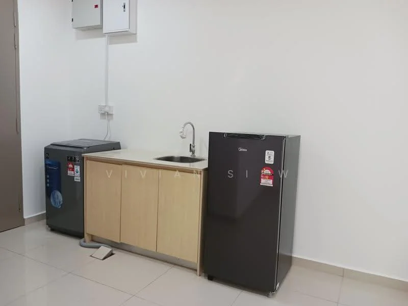 Kitchen features: single-bowl stainless-steel sink, chrome pull-down faucet, light wood cabinetry, grey fridge, washing machine, ceramic tile flooring, white painted walls, electrical panel on wall; style: modern.