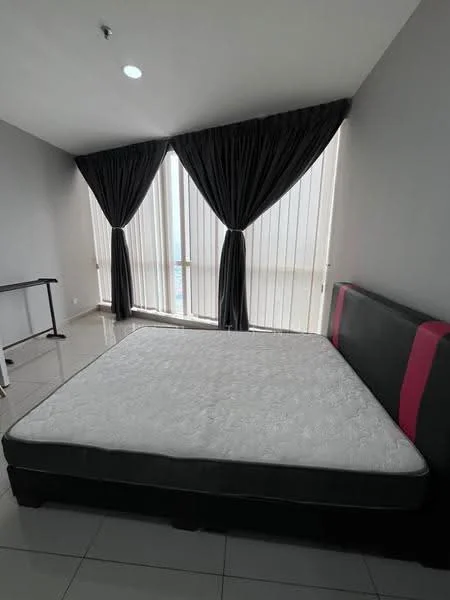 Bedroom features: queen-size bed frame with no mattress, grey walls, white ceiling, floor-to-ceiling windows, sheer curtains, blackout curtains, tile flooring, 1 ceiling light, minimalist decor, study desk, open space; style: modern; view: pool.