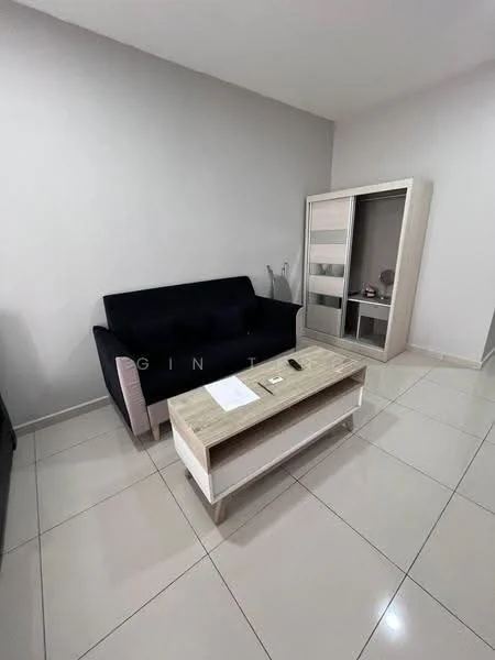 Living features: black fabric sofa, wooden coffee table with white drawer, white painted walls, glossy ceramic tile flooring, built-in wardrobe with sliding doors, floor-to-ceiling windows, minimalist decor; style: modern.