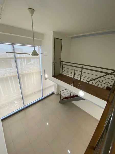 Room features: large floor-to-ceiling windows, white painted walls, light-colored tile flooring, metal railing, ceiling fan, staircase, natural light from windows, open space layout; style: modern; view: city.