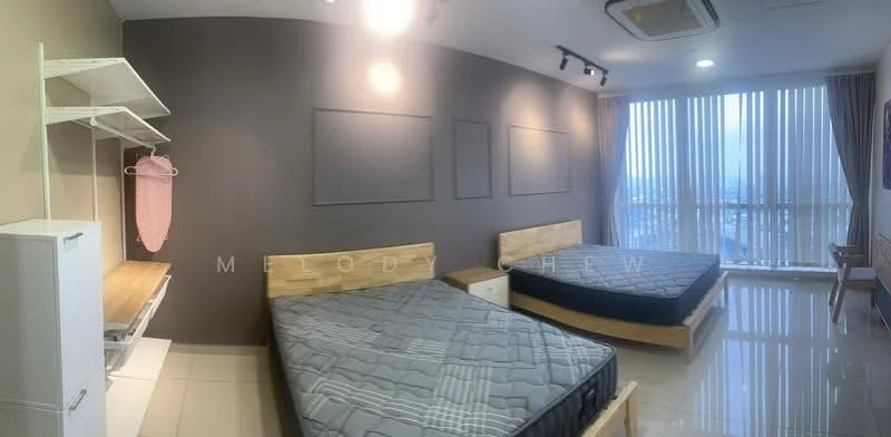 Bedroom features: two single beds with grey mattresses, wooden bed frames, grey accent wall, white painted walls, floor-to-ceiling windows with vertical blinds, air conditioning unit, built-in shelving unit, wooden bedside table, wooden desk with chair, laminate flooring, decorative wall frames; style: modern; view: city.