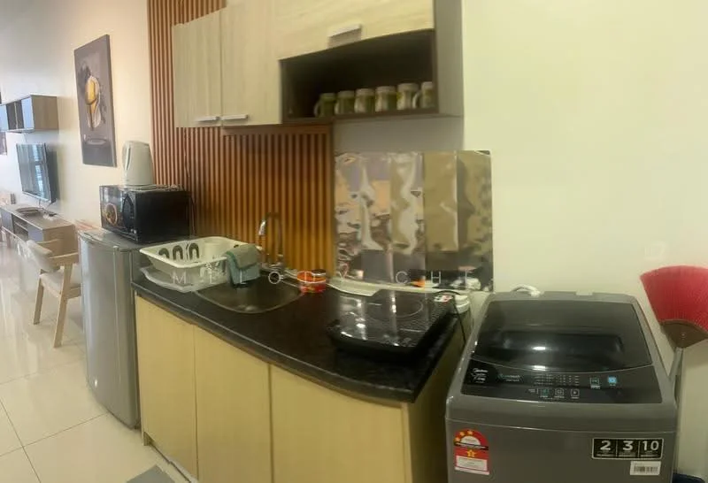 Kitchen features: single-bowl stainless-steel sink, chrome pull-down faucet, black granite countertop, wood cabinetry with light finish, built-in washing machine, stainless-steel fridge, microwave, open shelving, tile flooring, wall-mounted TV, decorative wall art; style: modern.