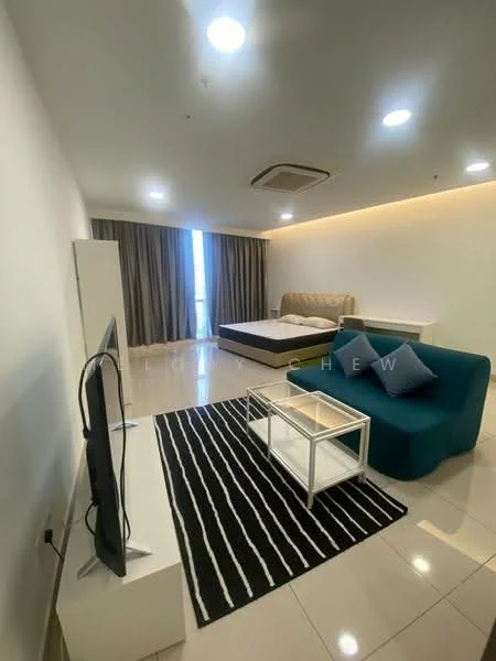 Living features: white painted walls, glossy tile flooring, recessed downlights, floor-to-ceiling windows, grey curtains, king-size bed with upholstered headboard, blue fabric sofa, white coffee table, black and white striped area rug, TV on stand; style: modern.