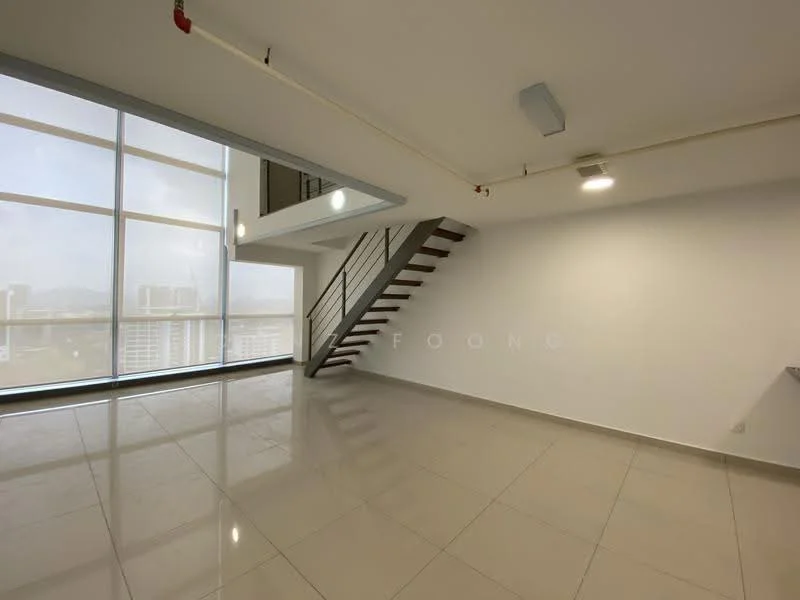 Room features: large floor-to-ceiling windows, white painted walls, polished tile flooring, staircase with metal railing, recessed ceiling lights, open layout, city skyline view, neutral color scheme; style: modern; view: city.