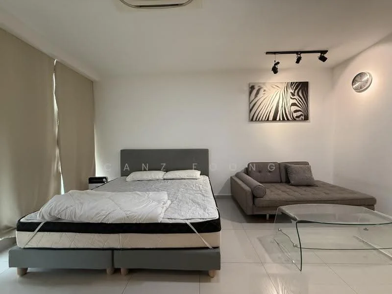Bedroom features: queen-size bed, grey upholstered headboard, white bedding, sofa in grey fabric, glass coffee table, white painted walls, recessed downlights, track lighting, large window with sheer curtains, tile flooring; style: modern.