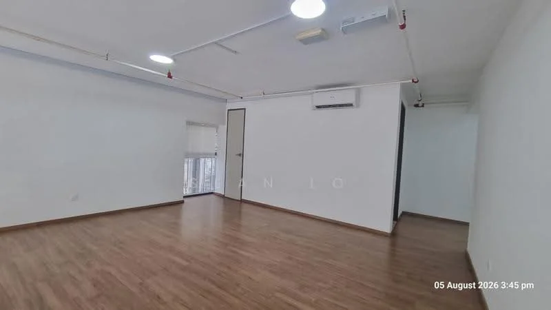Room features: white painted walls, laminate flooring, 1 wall-mounted split AC, recessed downlights, ceiling with exposed piping, large window with blinds, door leading to another room, open layout; style: modern.