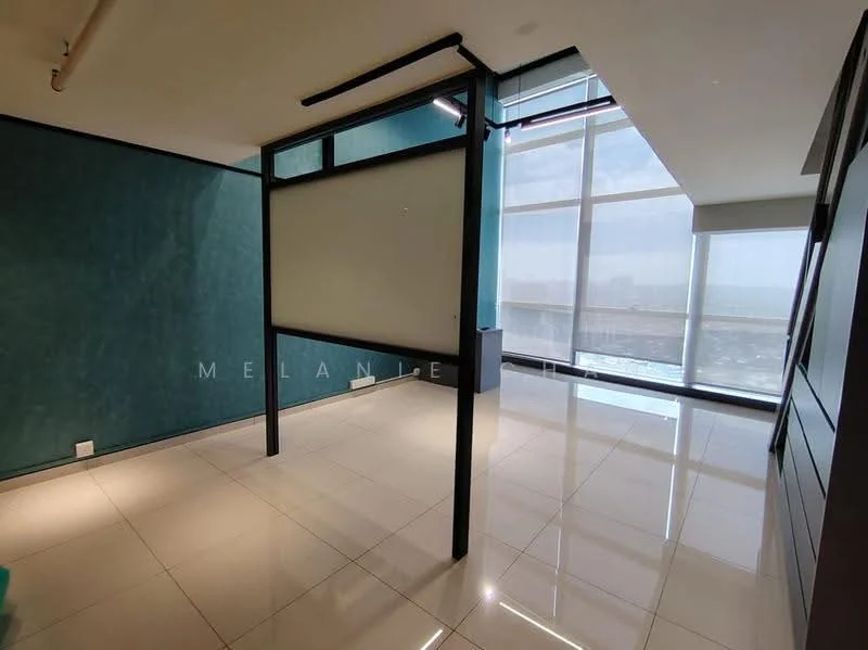 Room features: green accent wall, white painted walls, glossy tile flooring, floor-to-ceiling windows, city view, open layout, partition wall, natural light; style: modern; view: city.