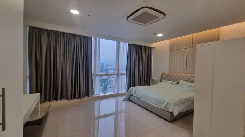 Bedroom features: king-size bed with upholstered headboard, floor-to-ceiling windows, grey curtains, light wood panelled accent wall, recessed lighting, marble tile flooring, air conditioning unit, nightstand, decorative wall lighting; style: modern; view: city.