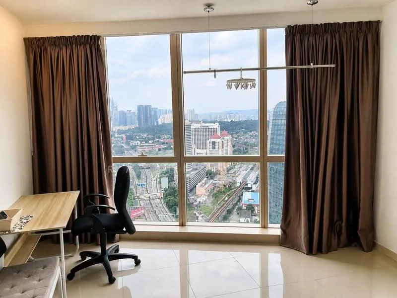 Room features: floor-to-ceiling windows, brown curtains, light-colored walls, glossy tile flooring, desk with chair, city skyline view, suspended lighting fixture; style: modern; view: city.
