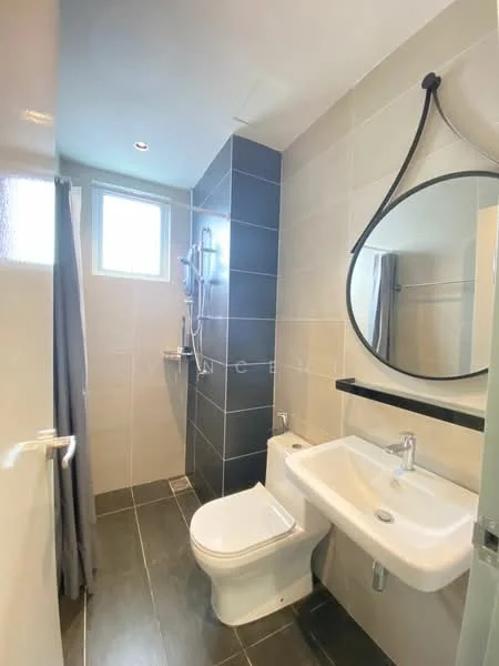 Bathroom features: white ceramic toilet, single-sink vanity with wall-mounted faucet, framed mirror, shower with handheld showerhead, grey tile flooring, light grey wall tiles, dark grey accent wall, window for natural light, curtain for privacy; style: modern.