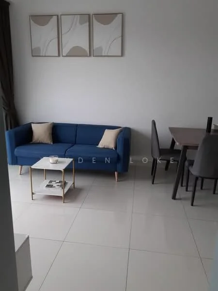 Living features: blue fabric sofa, 2 beige throw pillows, white coffee table with gold legs, magazine on coffee table, grey dining table, 4 grey dining chairs, white tiled flooring, curtains in dark grey, wall art with abstract design; style: modern.