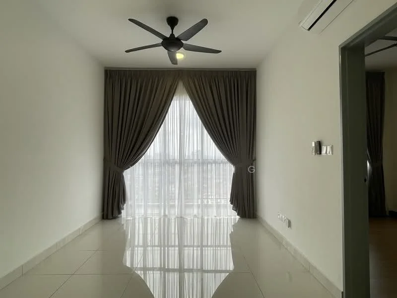 Room features: white painted walls, glossy tile flooring, floor-to-ceiling windows, sheer curtains, dark grey curtains, 5-blade ceiling fan with light, air conditioning unit, light switch, power outlet; style: modern; view: city.