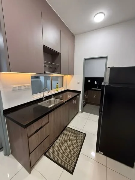 Kitchen features: dark wood cabinetry, black granite countertop, single-bowl stainless-steel sink, chrome pull-down faucet, built-in oven, black refrigerator, tile flooring, white painted walls, recessed downlights, open shelving, chevron-patterned area rug; style: modern.