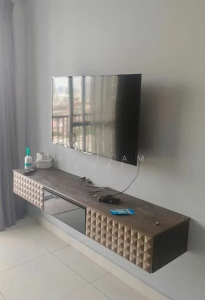 Living features: wall-mounted TV, wooden TV console with geometric pattern, grey painted walls, large windows with sheer curtains, light-colored tile flooring, decorative items on console, remote controls on console; style: modern; view: city.